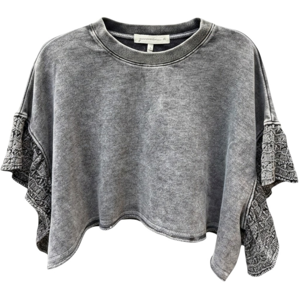 NWT Generation K Charcoal Cropped Sweatshirt L Crochet Flutter Sleeve Artsy Boho